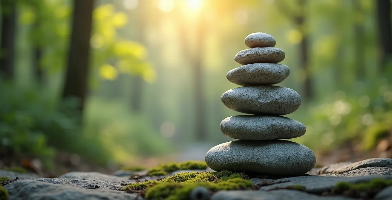 Vier aufeinander gestapelte Steine im Gleichgewicht vor natürlichem Waldhintergrund