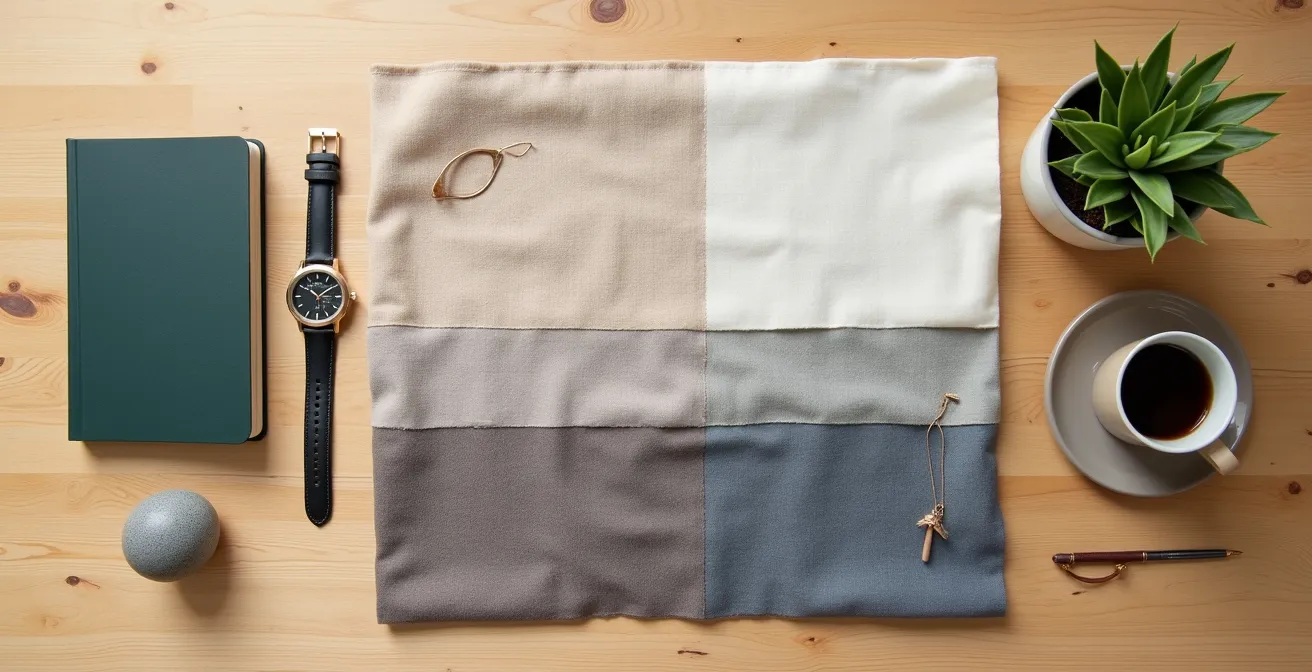 Stilanalyse mit Farbpaletten und Stoffmustern auf einem Tisch, der die vier Schritte der Stilbestimmung symbolisiert