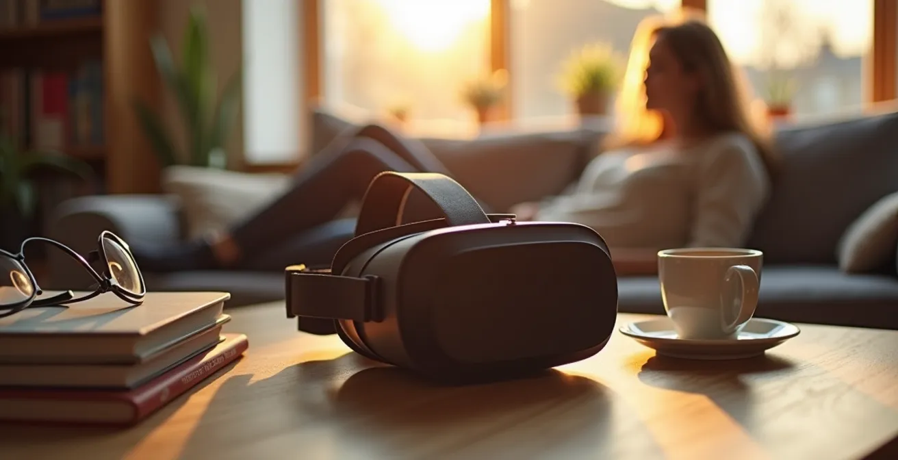 Gemütliches deutsches Wohnzimmer mit dezent platzierter VR-Brille als natürlicher Teil des Alltags