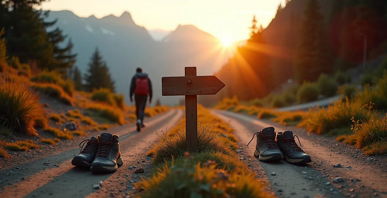 Wanderer an einem Wegkreuz zwischen rustikalem Bergpfad und komfortabler Öko-Lodge