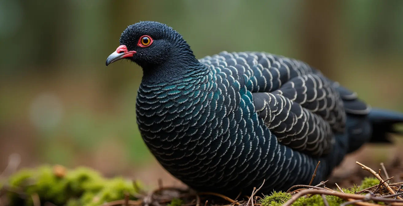 Makroaufnahme eines seltenen Auerhuhns im Schwarzwald mit unscharfem Hintergrund