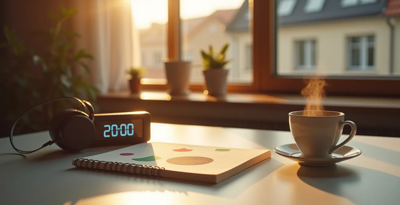 Visualisierung einer strukturierten 20-Minuten-Lerneinheit im deutschen Arbeitsalltag