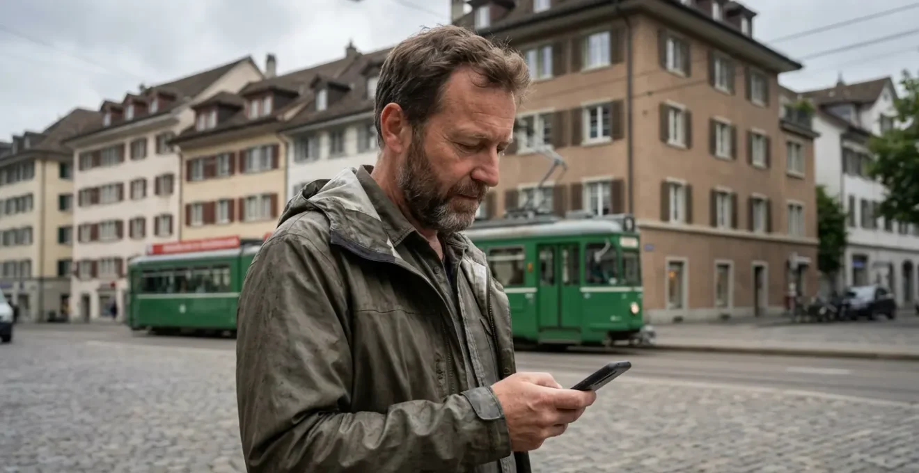 Expat bei der Immobiliensuche in Zürich prüft Maklerprofile auf Smartphone