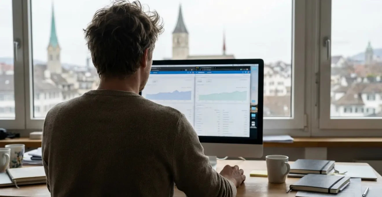 Expat vergleicht Maklerprofile am Computer in Homeoffice